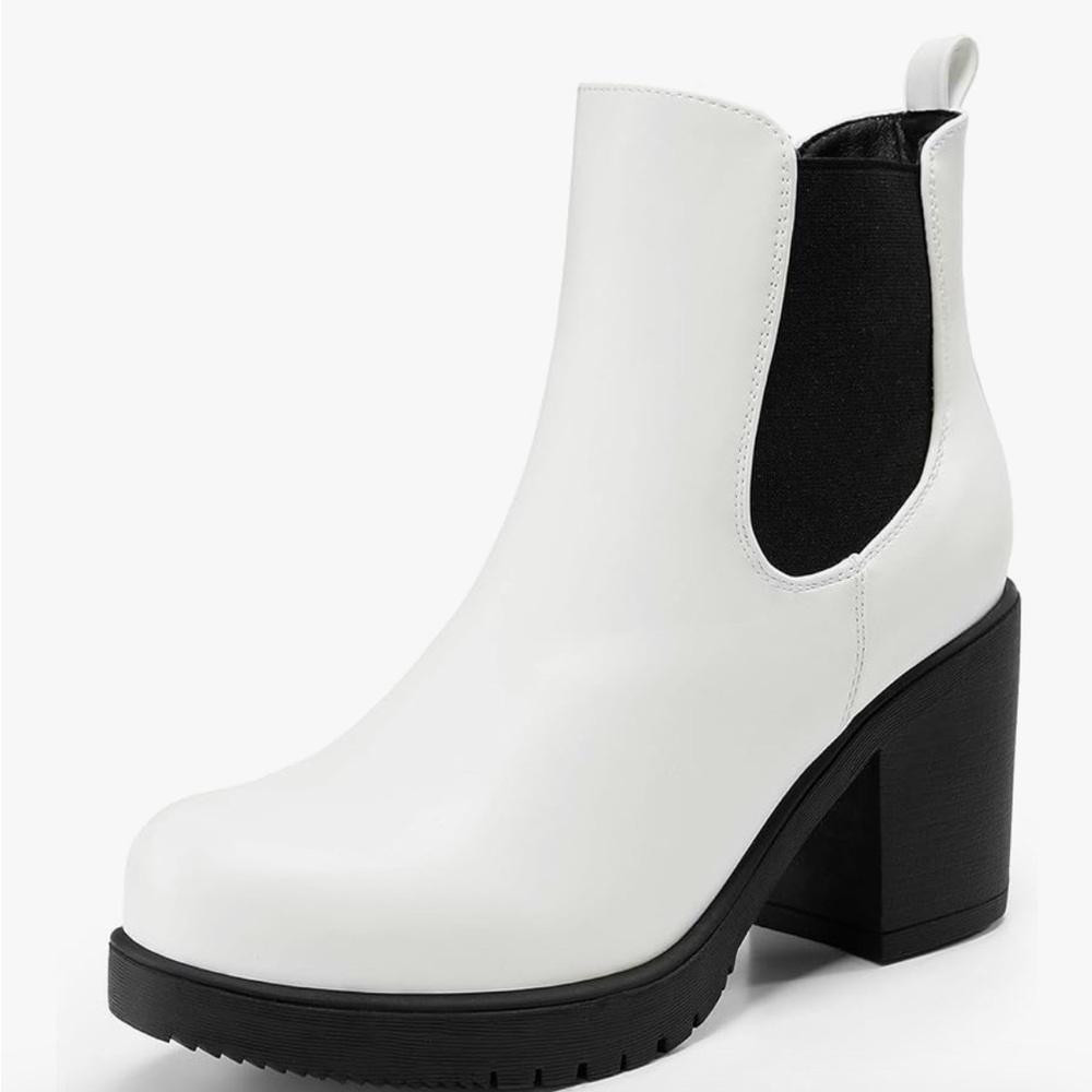 Dream Paris White Chunky Heel Chelsea Boots Slip On